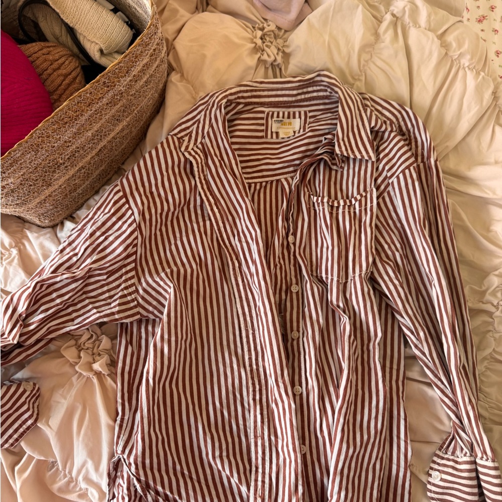 Anthropologie Maeve Striped Brown and White Button-Down Shirt